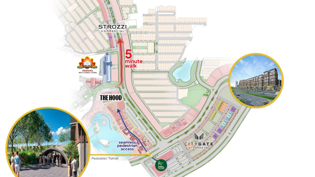 lokasi Strozzi Commercial dekat ke The Hood, City Gate, Sekolah Ekayana dan Happy Harvest